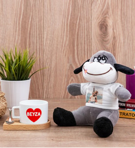 Sevgiliye Hediye İsim Yazılı Kalpli Fincan ve Peluş Eşek
