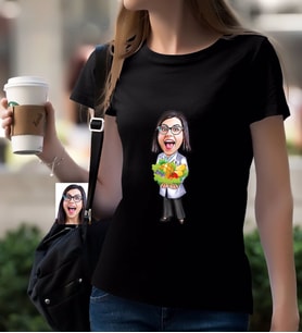 BK Gift Kişiye Özel Bayan Diyetisyen Karikatürlü Siyah T-Shirt