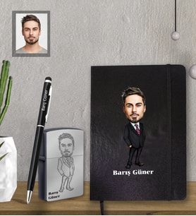 Kişiye Özel Öğretmen Karikatürlü  Siyah Defter Kalem Çakmak Hediye Seti  Bay-5 (Model 1)