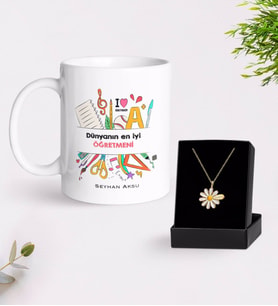 BK Gift Kişiye Özel Dünyanın En İyi Öğretmeni Beyaz Kupa ve Papatya Kolye Hediye Seti-13 (Model 1)