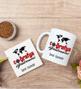 Coğrafya Öğretmeni Beyaz Kupa Bardak Ve Bardak Altlığı Seti