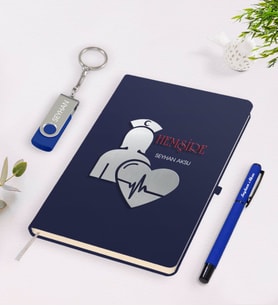 BK Gift Kişiye Özel Hemşire Temalı Lacivert Defter Kalem 32gb USB Bellek Hediye Seti-4 (Model 1)