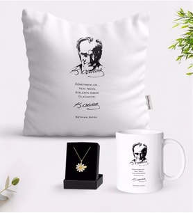 BK Gift Kişiye Özel Atatürk Öğretmen Beyaz Kupa Yastık ve İsimli Papatya Kolye Hediye Seti-2 (Model 1)