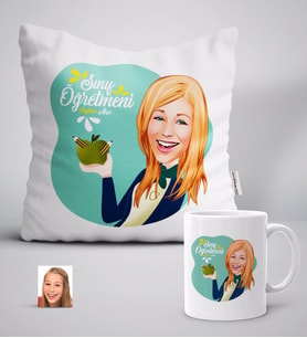 BK Gift Kişiye Özel Bayan Sınıf Öğretmeni Karikatürlü Beyaz Yastık Kupa Seti-1 (Model 1)