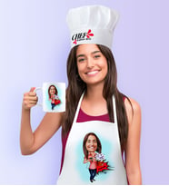 BK Gift Kişiye Özel Ev Hanımı Anne Karikatürlü Mutfak Önlüğü Aşçı Şapkası ve Kupa Seti-2 (Beyaz)