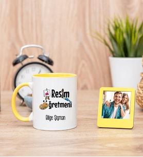 Resim Öğretmeni Sarı Kupa Bardak ve Sarı Mini Fotoğraf Çerçevesi