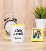 Resim Öğretmeni Sarı Kupa Bardak ve Sarı Mini Fotoğraf Çerçevesi