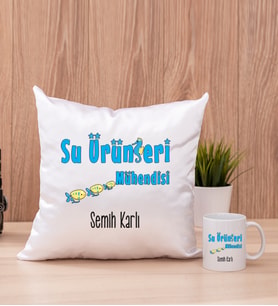 Su Ürünleri Mühendisi Kare Yastık ve Beyaz Kupa Bardak