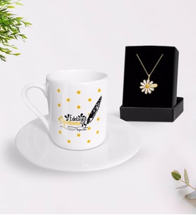 BK Gift Kişiye Özel Edebiyat Öğretmeni Türk Kahvesi Fincanı ve İsimli Papatya Kolye Hediye Seti-2 (Model 1)