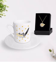 BK Gift Kişiye Özel Edebiyat Öğretmeni Türk Kahvesi Fincanı ve İsimli Papatya Kolye Hediye Seti-2 (Model 1)