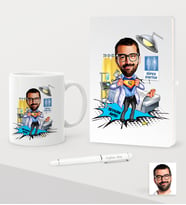 BK Gift Kişiye Özel Bay Doktor Karikatürlü Beyaz Defter Kalem Kupa Seti - 1 (Model 1)