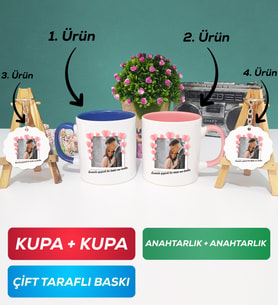 İkili Lacivert Pembe Sevgiliye Sevgililer Günü Hediyesi 12 Kupa Bardak Anahtarlık