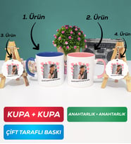 İkili Lacivert Pembe Sevgiliye Sevgililer Günü Hediyesi 12 Kupa Bardak Anahtarlık