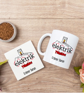 Elektrik Teknikeri Beyaz Kupa Bardak Ve Bardak Altlığı Seti
