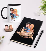 BK Gift Kişiye Özel Yılın En Mükemmel Çifti Karikatürlü Siyah Defter Kalem ve Kupa Seti-14 (Model 1)