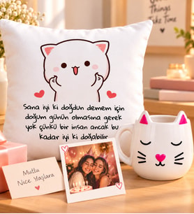 Kişiye Özel Doğum Günü Hediyesi Kedi Figürlü Kupa & İyi Ki Doğdun Kedi Yastık