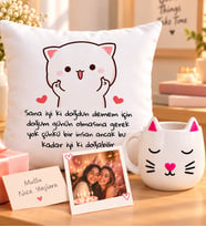 Kişiye Özel Doğum Günü Hediyesi Kedi Figürlü Kupa & İyi Ki Doğdun Kedi Yastık