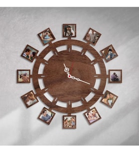 Kişiye Özel 12 Fotoğraflı Ahşap Duvar Saati (UV BASKILI) (Ceviz)