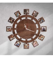 Kişiye Özel 12 Fotoğraflı Ahşap Duvar Saati (UV BASKILI) (Ceviz)