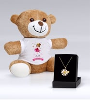 BK Gift Kişiye Özel İsimli Papatya Kolye ve Evin Prensesi Peluş Ayıcık Hediye Seti-1 (Model 1)