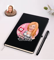 BK Gift Kişiye Özel Kadın Youtuber Karikatürlü Siyah Defter ve Kalem Hediye Seti-2