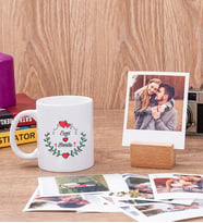 Sevgiliye Hediye İsim ve Kalpli Beyaz Kupa Bardak ve Ahşap Standlı Polaroid Set