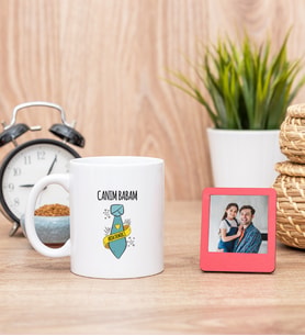 Babalar Günü Hediyesi Beyaz Kupa Bardak ve Kırmızı Mini Fotoğraf Çerçevesi