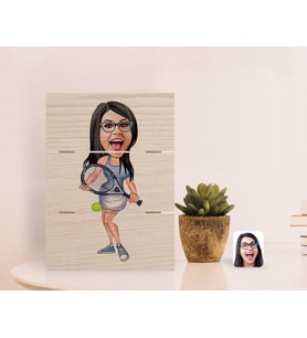 BK Gift Kişiye Özel Kadın Tenis Oyuncusu Karikatürlü Otantik Masaüstü Ahşap Palet Çerçeve-1 (Beyaz)