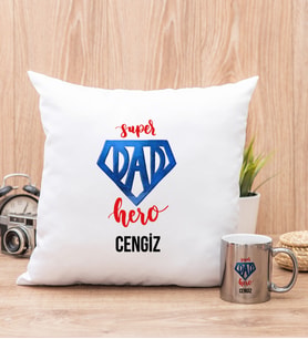 Super Dad Babaya Hediye Yastık ve Silver Kupa Bardak