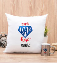 Super Dad Babaya Hediye Yastık ve Silver Kupa Bardak