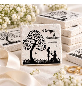 30 Adet Kişiye Özel Baskılı Doğal Taş Magnet 5x5cm Söz, Nikah, Nişan Hatırası (Beyaz)