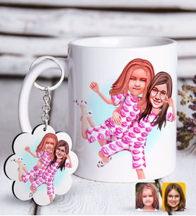 BK Gift Kişiye Özel Kız Kardeşler Karikatürlü Beyaz Kupa ve Anahtarlık Hediye Seti-1 (Model 1)