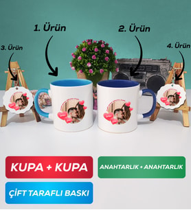 İkili Mavi Lacivert Sevgiliye Sevgililer Günü Hediyesi 8 Kupa Bardak Anahtarlık
