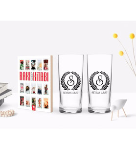 BK Gift Kişiye Özel Renkli Baskılı Çelenk Baş Harfli İsimli İkili Rakı Bardağı ve Rakı Cep Kitabı Hediye Seti-6 (Model 1)