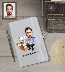 Kişiye Özel İş Adamı Karikatürlü Gri Defter Kalem Hediye Seti  Bay-18