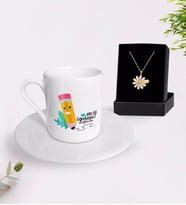 BK Gift Kişiye Özel En İyi Öğretmen Türk Kahvesi Fincanı ve İsimli Papatya Kolye Hediye Seti-10 (Model 1)