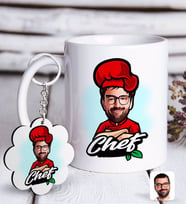 BK Gift Kişiye Özel Erkek Chef Karikatürlü Beyaz Kupa ve Anahtarlık Hediye Seti-10 (Model 1)