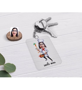 BK Gift Kişiye Özel Kadın Chef Karikatürlü Şeffaf Pleksi Anahtarlık-2 (Beyaz)