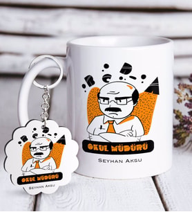 BK Gift Kişiye Özel Okul Müdürü Beyaz Kupa ve Anahtarlık Hediye Seti-2 (Model 1)