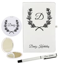 Kişiye Özel Hazırlanmış Hediye Beyaz Defter Roller Kalem ve Ayna Seti