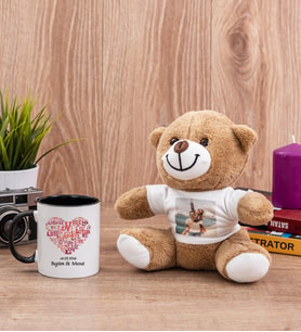 Love Tasarım Hediyelik Siyah Kupa Bardak ve Peluş Ayıcık