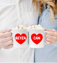 İsim Yazılı Kırmızı Kalpli İkili Beyaz Kupa Bardak