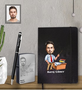 Kişiye Özel Öğretmen Karikatürlü  Siyah Defter Kalem Çakmak Hediye Seti  Bay-4 (Model 1)