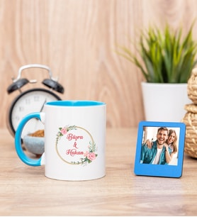İki İsimli Çiftere Özel Mavi Kupa Bardak ve Mavi Mini Fotoğraf Çerçevesi