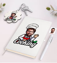 BK Gift Kişiye Özel Erkek Chef Karikatürlü Beyaz Defter Kalem ve Anahtarlık Hediye Seti-14 (Model 1)