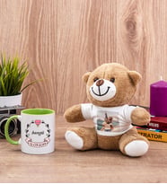 İsim Yazılı ve Tarihli Yeşil Kupa Bardak ve Peluş Ayıcık