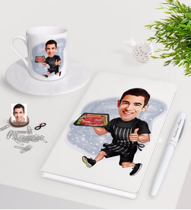BK Gift Kişiye Özel Erkek Mangalcı Karikatürlü Beyaz Defter Kalem Türk Kahvesi Fincanı Seti-2 (Model 1)