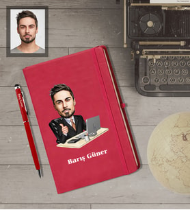 Kişiye Özel Patron Karikatürlü  Kırmızı Defter Kalem Hediye Seti Bay-27