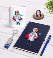 BK Gift Kişiye Özel Kadın Doktor Karikatürlü Lacivert Defter Kalem Kupa 32gb USB Bellek Hediye Seti-1 (Model 1)