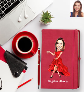 Kişiye Özel Bayan Karikatürlü Kırmızı Defter Kalem Hediye Seti Model-9